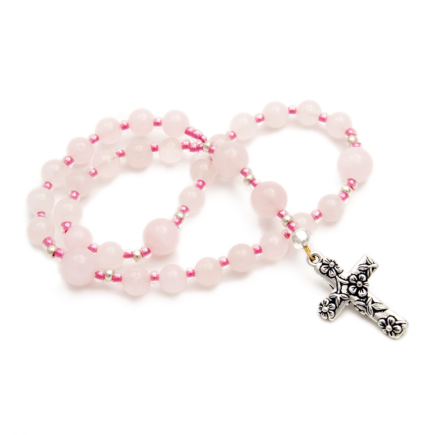 Ladies Anglican Prayer Beads Pink Rose Quartz with Floral Cross