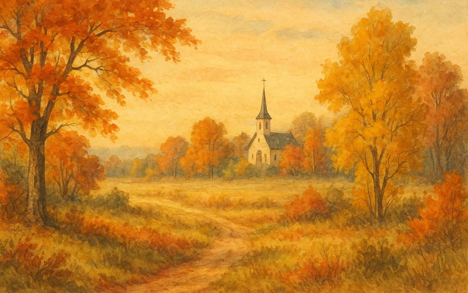 An autumn scene with a church in the distance.