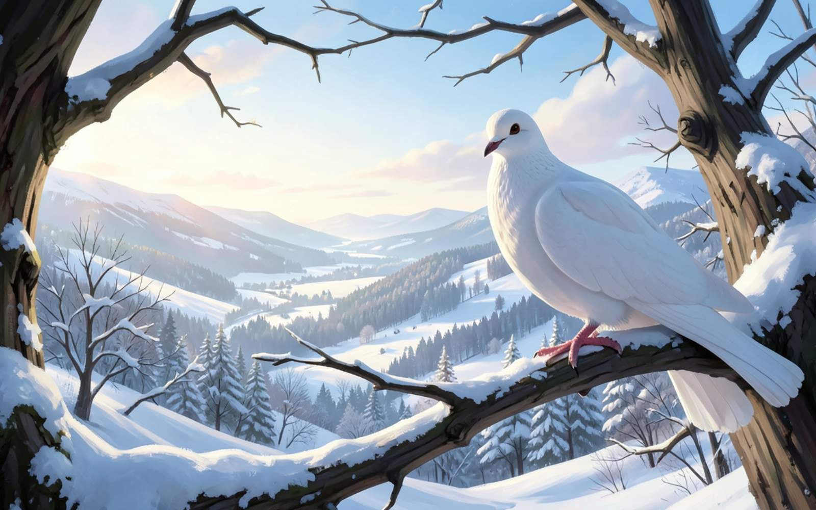 White dove sits on a branch in winters peace.
