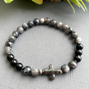 Larkivite & Onyx Bracelet with Sideways Cross