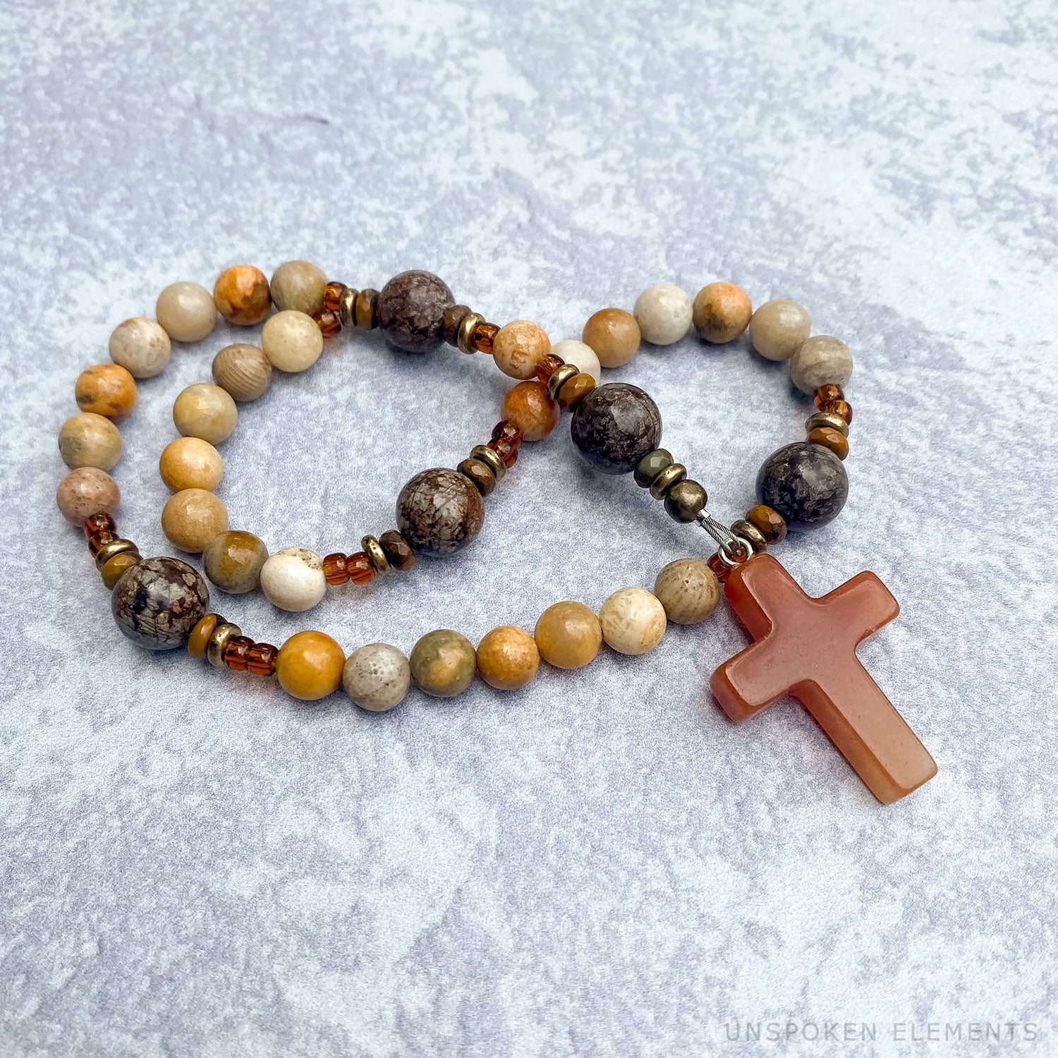 I Am Grateful Protestant Prayer Beads - Fossil Agate & Jasper - Unspoken  Elements