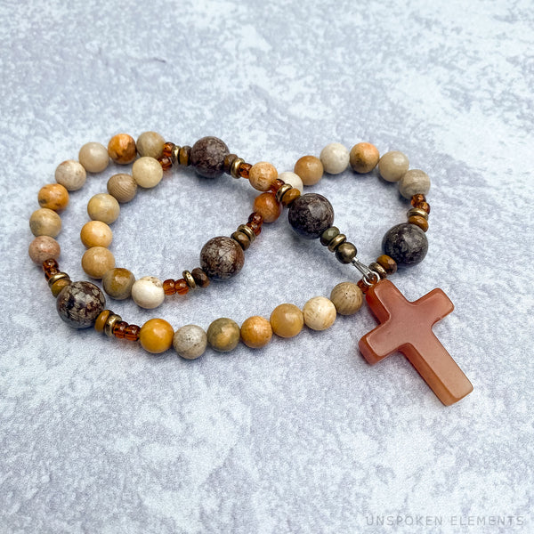 I Am Grateful Protestant Prayer Beads - Fossil Agate & Jasper